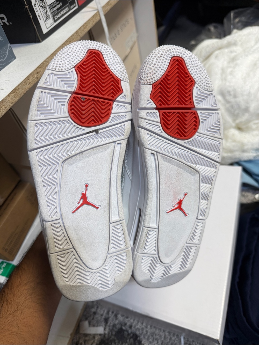 Nike Jordan 4 White and Red Retro Basketball Sneakers - Picture 5 of 6